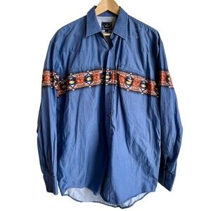 Roper Blue Aztec Pattern Pearl Snap Long Sleeve Western Shirt Mens Large‎